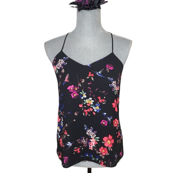 Express Strappy V Neck Lined Top Cut Out Back. Black/Floral. XS - Picture 1 of 11